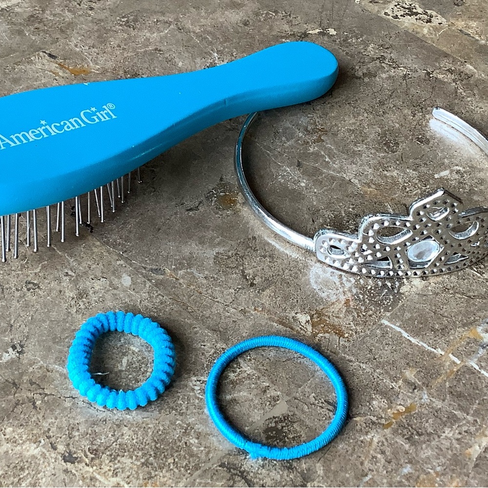 American Girl Blue Doll Hair Brush Set with Silver Tiara and two pony hail holde
